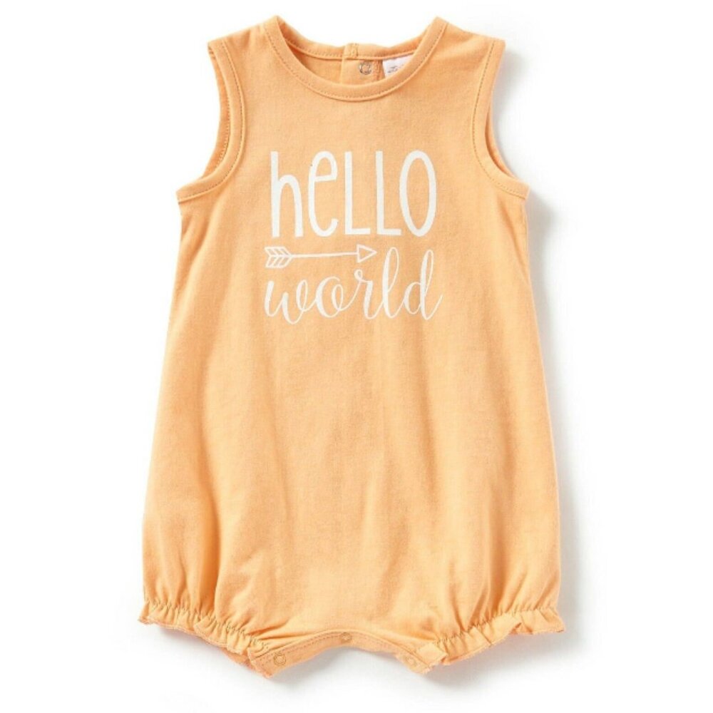 Starting Out Orange Romper w/ White Glitter “Hello World” Decal, NWT!